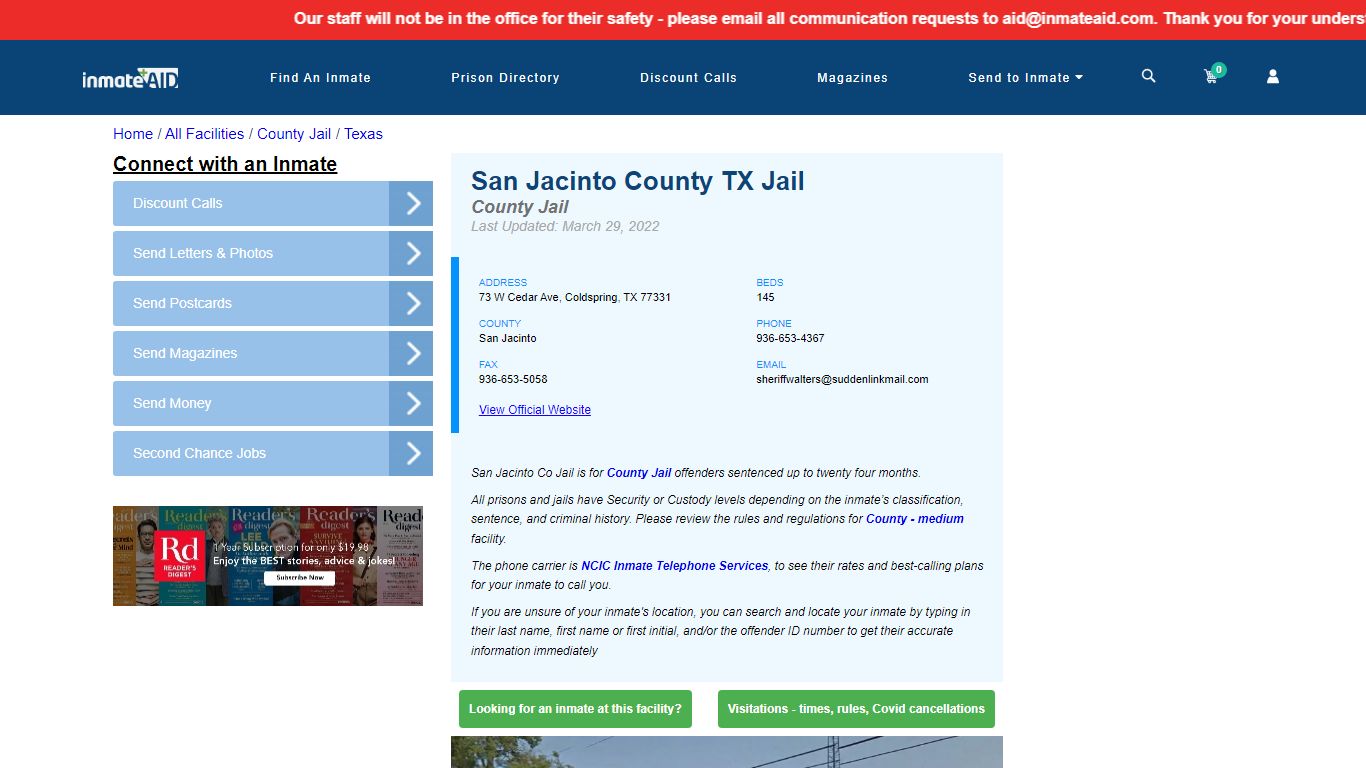 San Jacinto County TX Jail - Inmate Locator - Coldspring, TX
